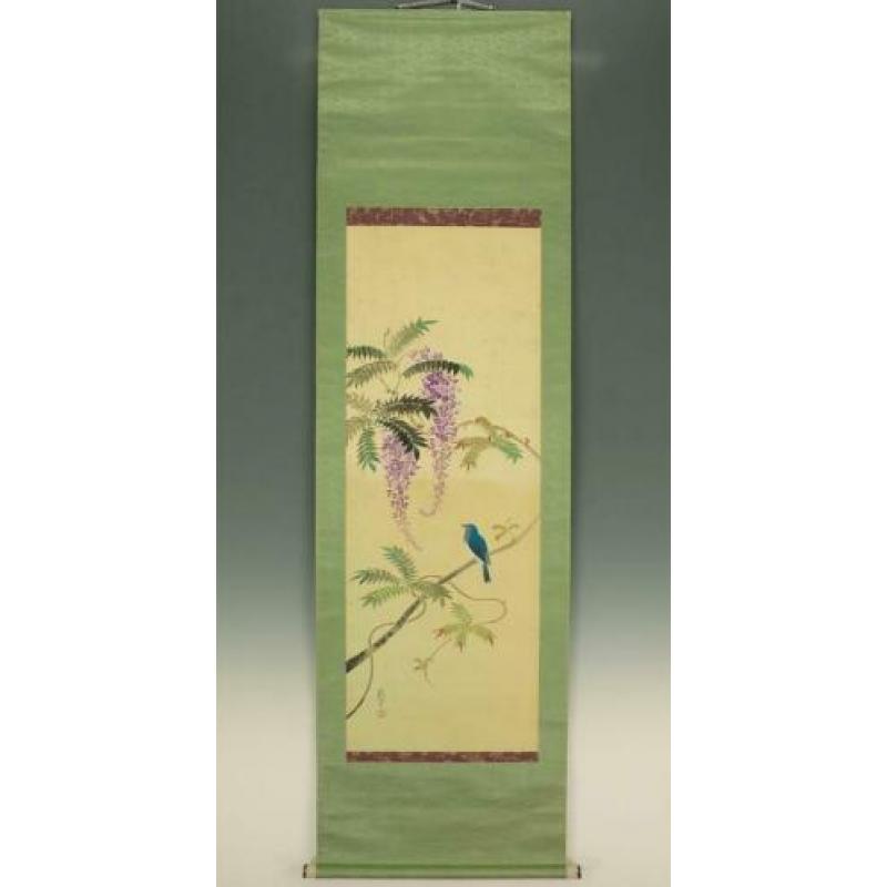 oud japanse scroll "Wisteria & japanse Blauwe Vliegenvanger.