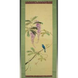 oud japanse scroll "Wisteria & japanse Blauwe Vliegenvanger.