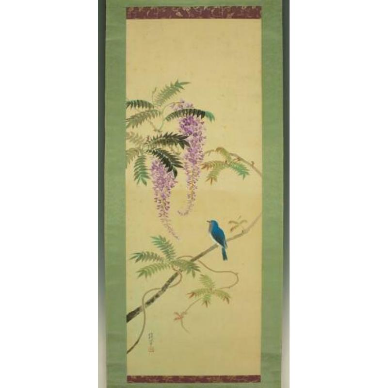 oud japanse scroll "Wisteria & japanse Blauwe Vliegenvanger.