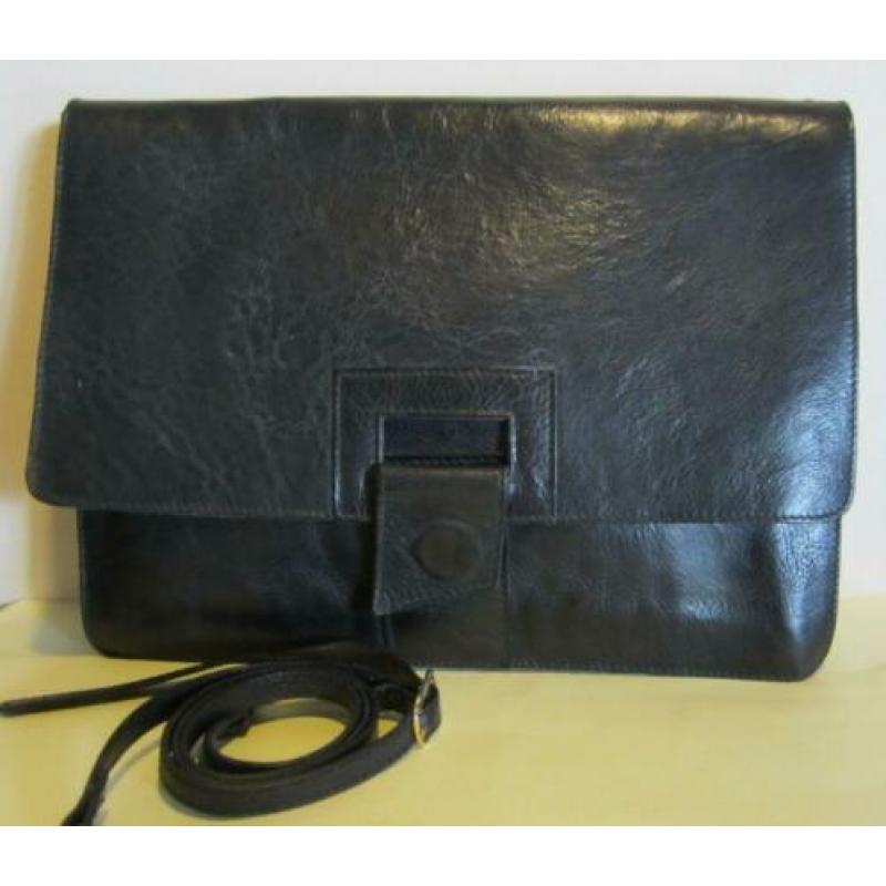 Vintage zwart leer schoudertas, avondtas, clutch pochet 772