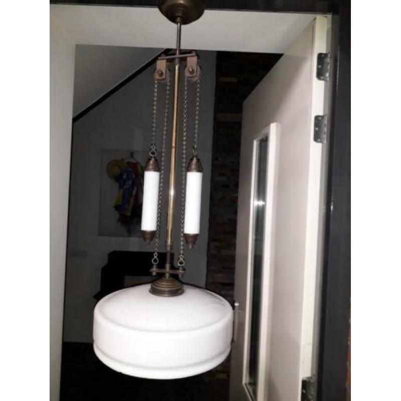 VINTAGE HANGLAMP met GEWICHTEN ( verstelbaar ) + GLAZEN KAP