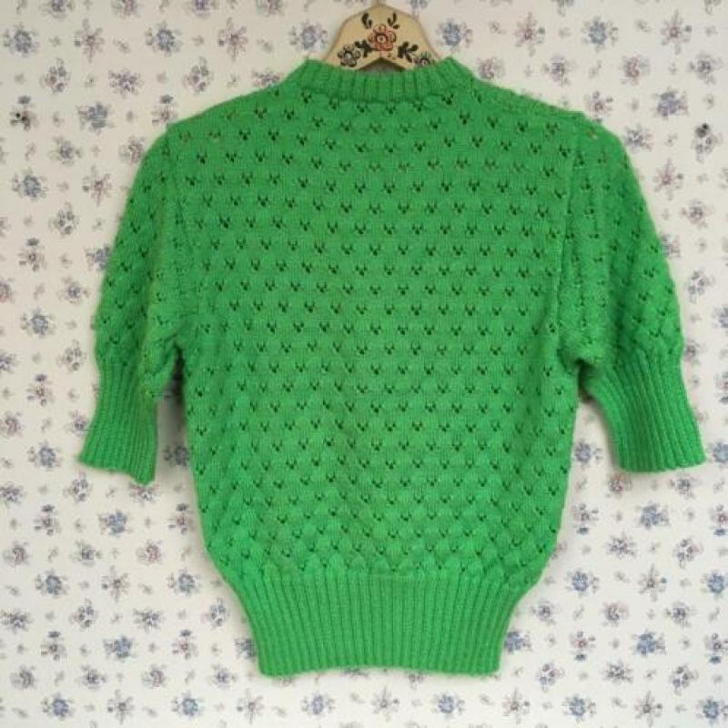 Vintage ajour gebreid appeltjes groen fel retro top trui S