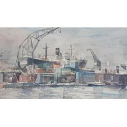 Aquarel August Willem ( A.W. )van Voorden Rotterdam Haven