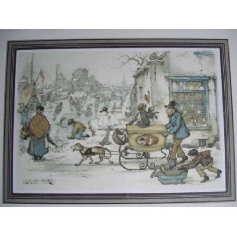 Anton Pieck Ingelijste Prent "Bakker met Hondenslee" 48x36