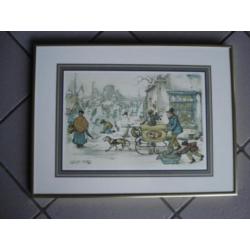 Anton Pieck Ingelijste Prent "Bakker met Hondenslee" 48x36