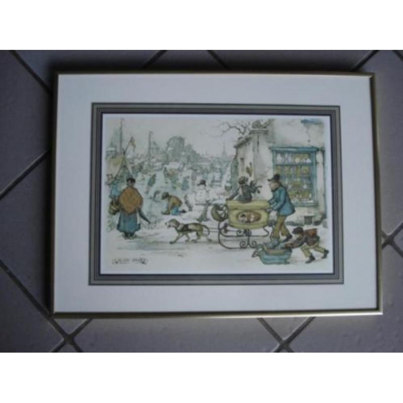 Anton Pieck Ingelijste Prent "Bakker met Hondenslee" 48x36