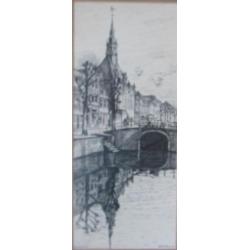 Gerrit Neven(1939) Pentekening"Kerk en brug Schoonhoven"Ges