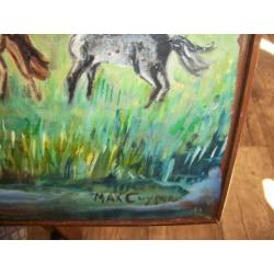 Mooi schilderij met paarden. (Oud) gesign. 41 x 81 cm.