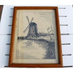 Tekening van molen aan het water in houten lijst, gesigneerd