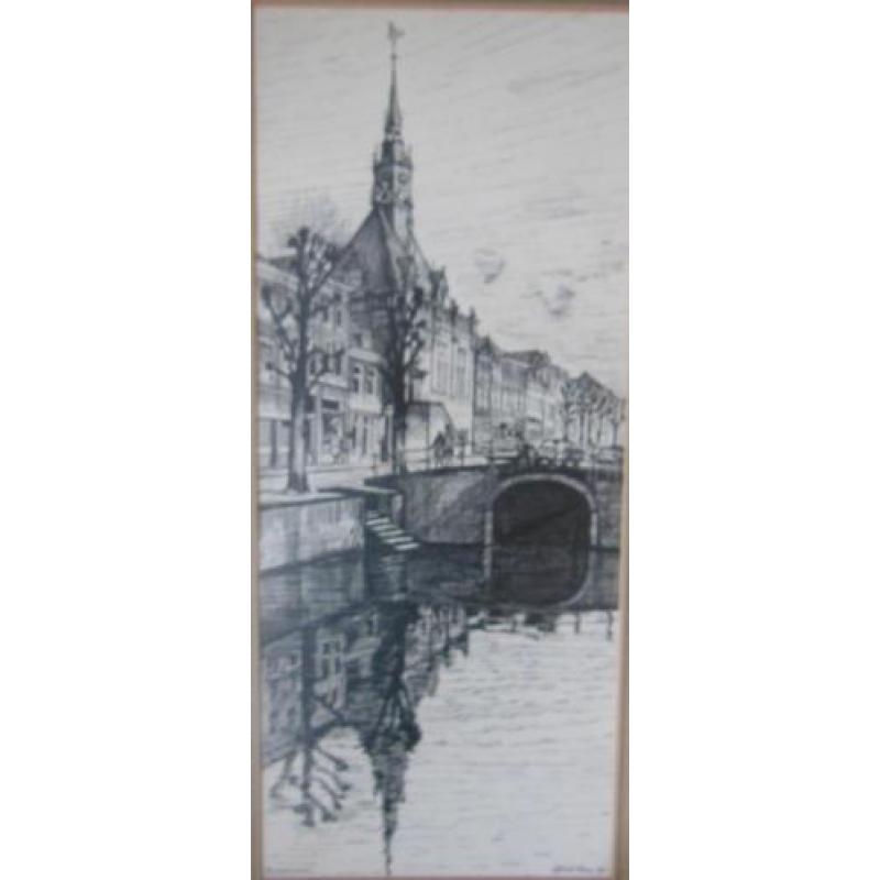 Gerrit Neven(1939) Pentekening"Kerk en brug Schoonhoven"Ges