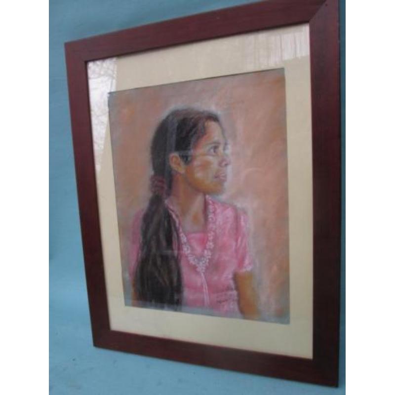 Pastel Portret Meisje met Roze Jurk Koh Tao Christa Hoek