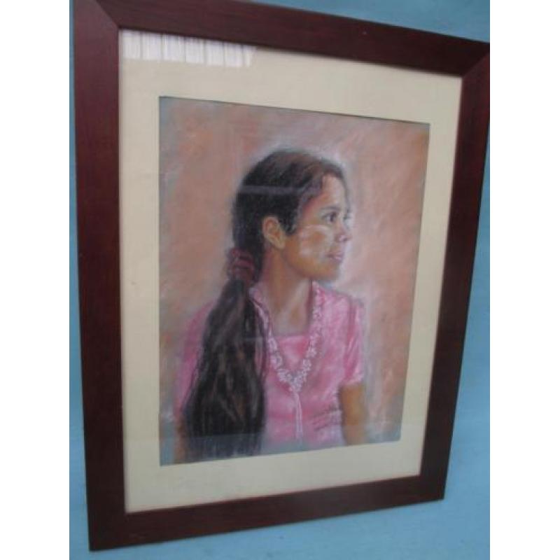 Pastel Portret Meisje met Roze Jurk Koh Tao Christa Hoek