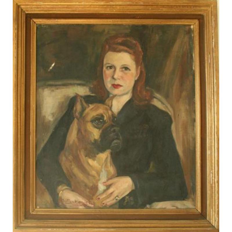 PORTRET van een vrouw met hond==30er jaren werk=gesigneerd =