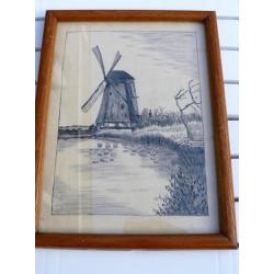 Tekening van molen aan het water in houten lijst, gesigneerd