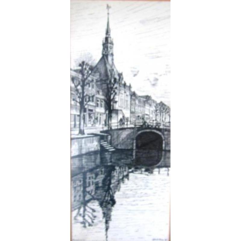 Gerrit Neven(1939) Pentekening"Kerk en brug Schoonhoven"Ges