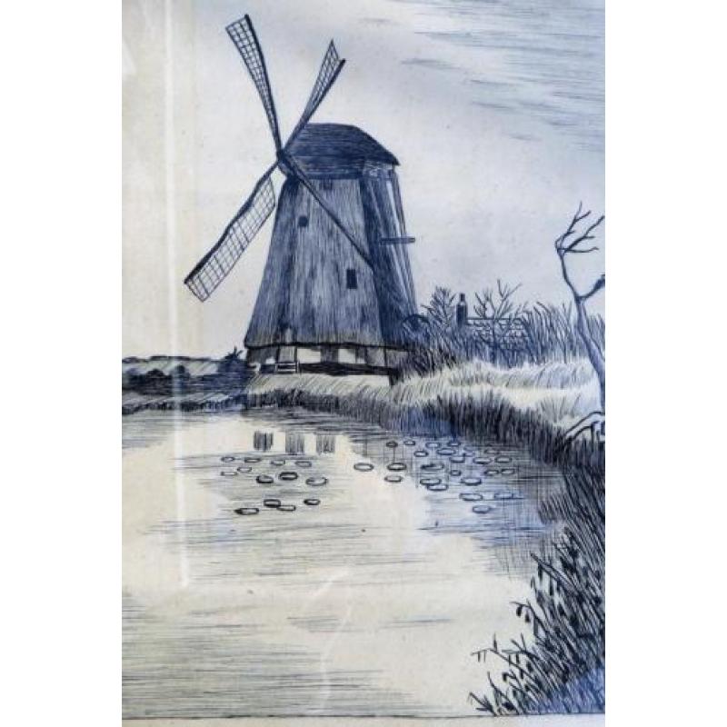 Tekening van molen aan het water in houten lijst, gesigneerd