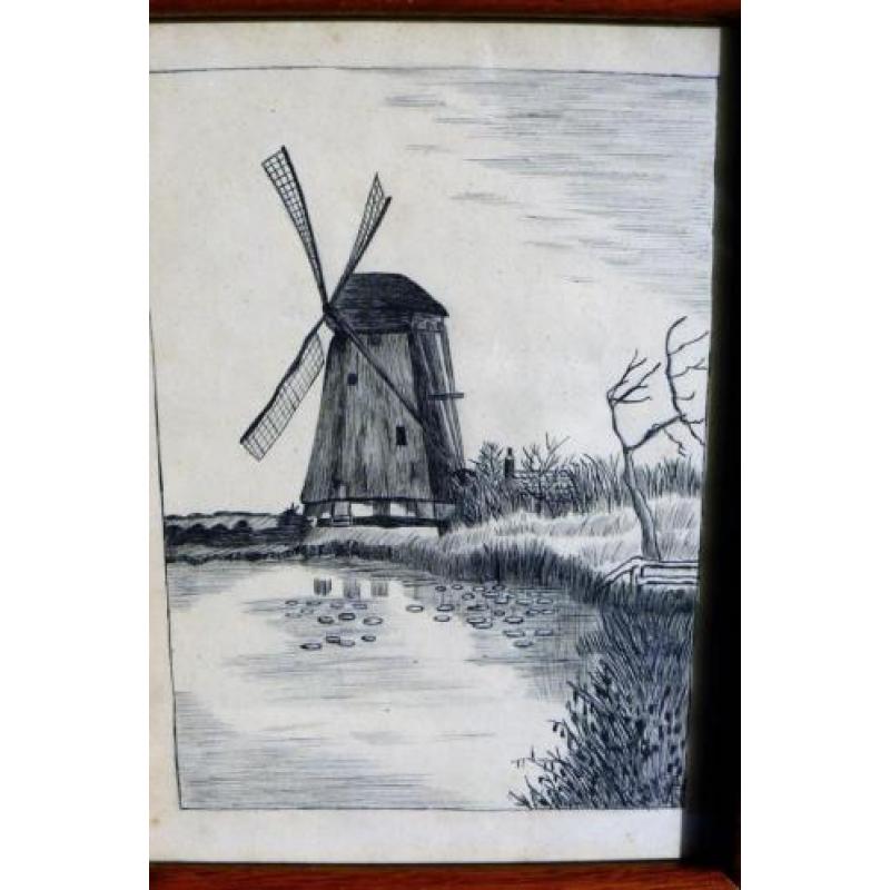 Tekening van molen aan het water in houten lijst, gesigneerd